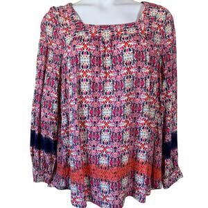 Caffé Marrakesh Pink Floral Blouse 2X Plus Rayon Boho Peasant Tunic Long Sleeve